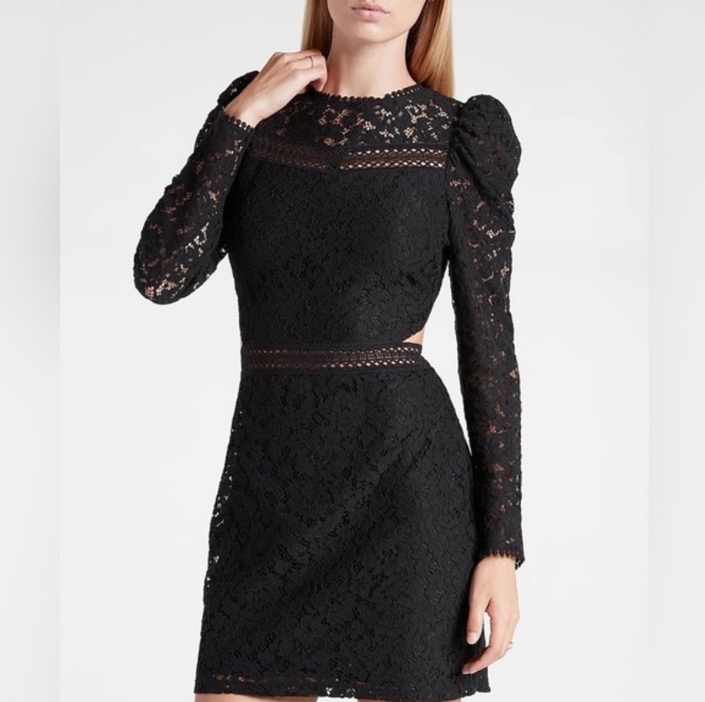 XS Express Black Lace Side Cut Out Long Sleeve Dress